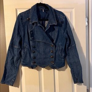 Free People Dark Blue Double-Breasted Jean Jacket